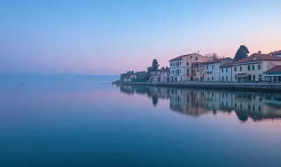 Fototapeta premium Wide-angle shot of a serene coastal town at dawn, soft light reflecting on calm waters and quaint house