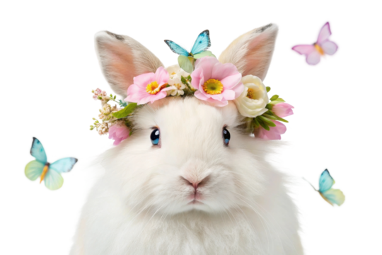 Cute rabbit with floral crown and butterflies for spring celebration or Easter design - Powered by Adobe