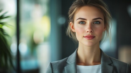 Fototapeta premium Confident young female entrepreneur in a black suit standing in a professional office setting with determination