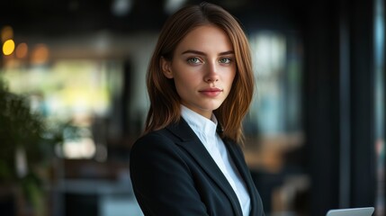 Confident young female entrepreneur in a black suit standing in a professional office setting with determination