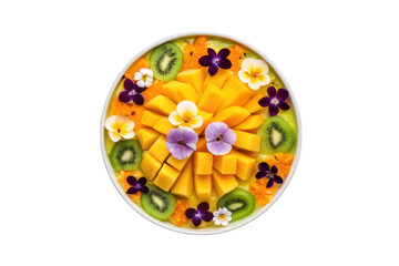 Colorful fruit platter featuring mango, kiwi, and edible flowers for healthy dessert or snack ideas