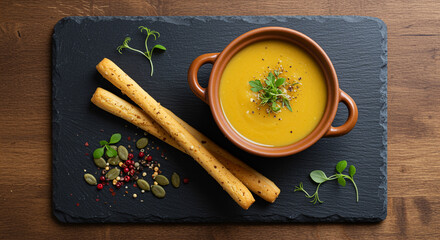 Tasty orange soup garnished with herbs and breadsticks