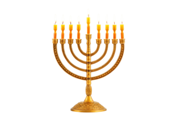 Golden menorah with lit candles symbolizing Hanukkah celebration and family gatherings during the holiday season