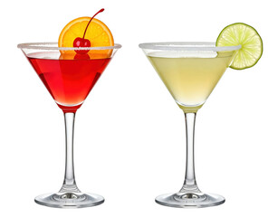 set colorful exotic refreshing cold summer cocktails, PNG file, white background, isolated graphic resource. Cosmopolitan, Margarita for menu, bar, restaurant icon symbol tasty luxury drinks