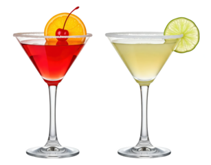 set colorful exotic refreshing cold summer cocktails, PNG file, white background, isolated graphic resource. Cosmopolitan, Margarita for menu, bar, restaurant icon symbol tasty luxury drinks