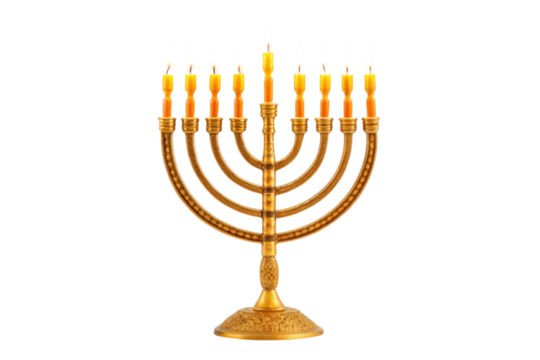 Golden menorah with lit candles symbolizing Hanukkah celebration and family gatherings during the holiday season