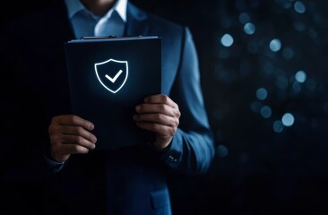 Businessperson Holding Clipboard with Glowing Security Emblem