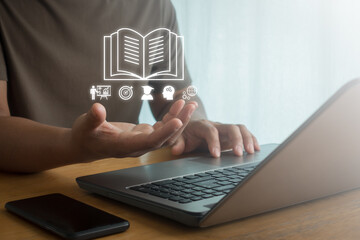 Education on hand, E-learning technology concept. AI machine learning enhances personalized...