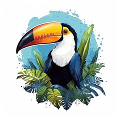 Naklejka premium Watercolor illustration of toucan surrounded by palm leaves on white background