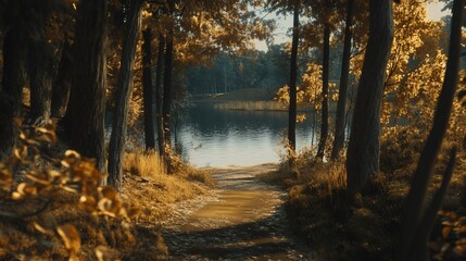Obraz premium Autumn path through golden trees leading to a peaceful lakeside view