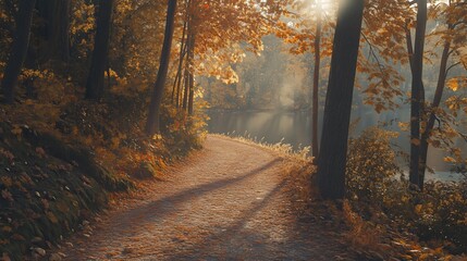 Obraz premium Sunlight filtering through golden autumn trees onto a path beside a serene lake in a forest