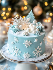 Fototapeta premium A 3D cake decoration with icy blue fondant, delicate edible snowflakes