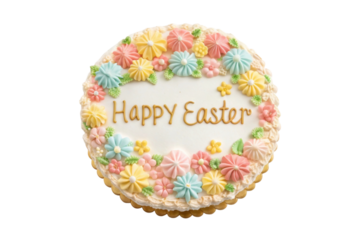 Easter celebration cake decorated with pastel flowers and festive message