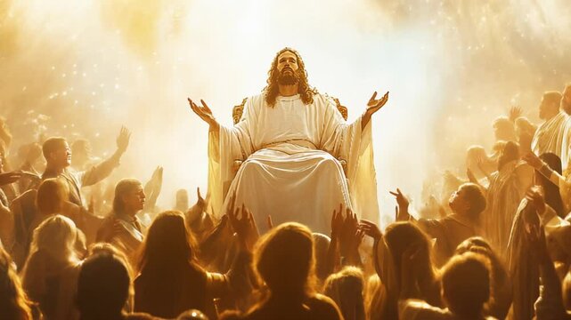 Jesus Christ majestic golden throne of god in heaven in the sky surrounded white clouds and divine light. Second coming of Jesus Christ.