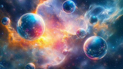 Vibrant Cosmic Spheres Floating Amidst a Nebula's Colorful Clouds and Stardust