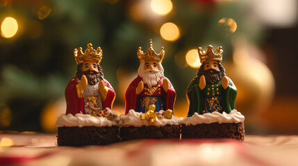 The card showcases a traditional Three Kings Cake, with three figurines of the kings elegantly placed in front, symbolizing the joyous holiday celebration.