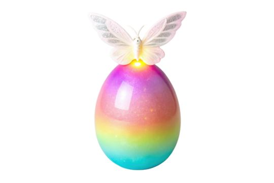 Rainbow colored egg with illuminated butterfly for Easter celebration and home decor purposes