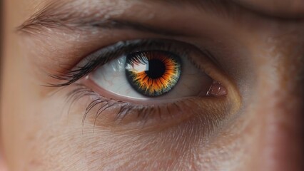 Obraz premium A close up of a person's eye with a greenish orange iris