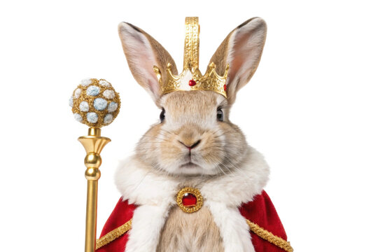 Majestic rabbit king wearing a crown and a royal cape holding a scepter in a regal pose