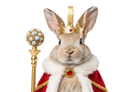 Majestic rabbit king wearing a crown and a royal cape holding a scepter in a regal pose