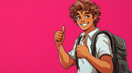Smiling Schoolboy with Backpack and Thumbs Up on Pink Background