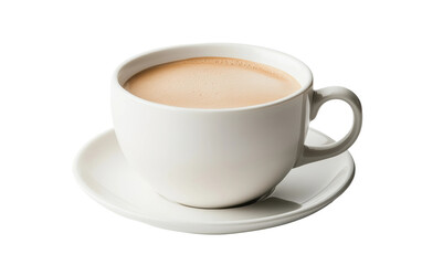 Coffee cup filled with creamy beverage on saucer, cut out