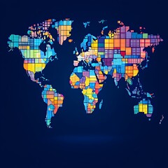Obraz premium Colorful world map mosaic, global network, dark background, data visualization