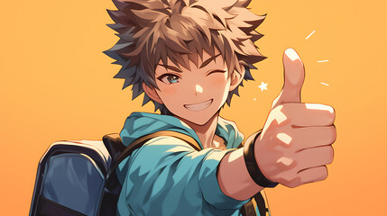 Anime Boy With Thumbs Up Wearing Blue Hoodie and Backpack Against Sunny Gradient Background Digital Art Style Illustration