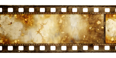 Old and Damaged Film Strip with Perforations and Significant Aging, Isolated on Transparent Background