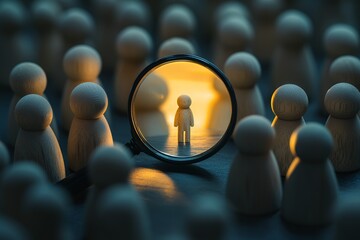 Obraz premium Magnifying glass focusing on miniature wooden figure amongst larger figures