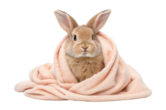 Fluffy rabbit wrapped in soft pink blanket creating a cozy atmosphere for warmth and relaxation