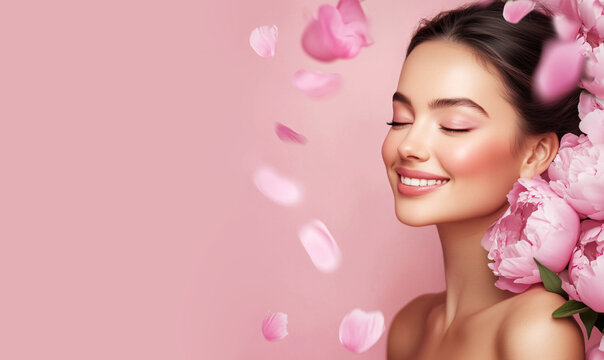 Beautiful young smiling  woman with clean fresh skin on face . Girl facial  treatment . Woman with pink peony flowers on a pink background. Cosmetology , beauty  and spa .
