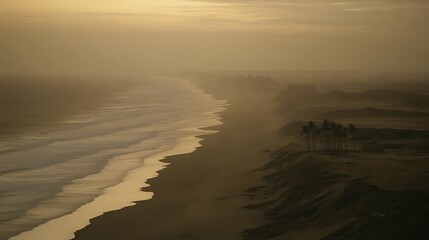 A coastal view of the ocean meeting the sandy shoreline