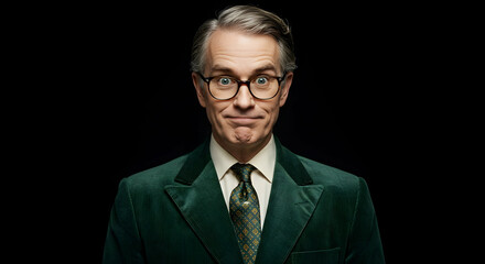 Expressive Man in Jacket with Glasses Posing Against Dark Background
