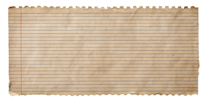 Aged Lined Notebook Paper with Red Margin Line, Isolated on Transparent Background
