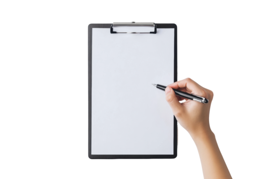 Holding pen over blank notepad for ideas, cut out