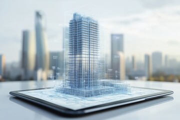 Digital tablet displaying skyscraper blueprint and 3d model with grid overlay design