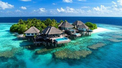 Naklejka na ściany i meble Aerial view of a luxurious maldives resort with overwater villas and vibrant tropical surroundings