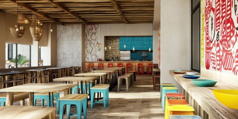 A Modern Restaurant Interior Design Featuring Colorful Decor and Unique Various Seating Arrangements