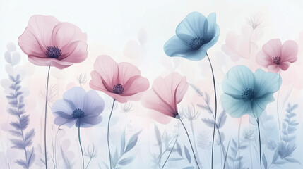 Minimalist Watercolor Wildflowers, Soft Blue and Pink Floral Background