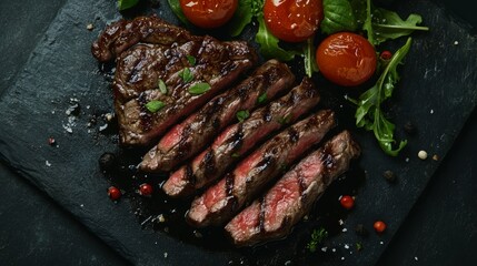 Top view of grilled medium rare steak salad with tomatoes and greens on dark background
