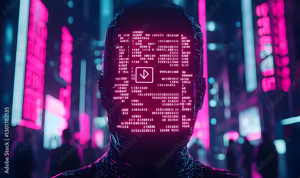 Poster futuristic portrait with neon light and binary code background