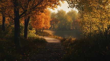 Autumn pathway through a forest leading to a lake with vibrant fall foliage visible