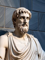 Obraz premium Ancient Roman marble statue of a bearded philosopher with a muscular physique, draped in a toga, exuding wisdom and strength, set against a classical stone wall backdrop.