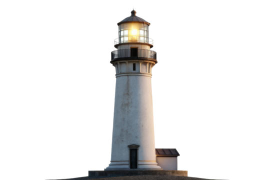 Elegant coastal lighthouse standing tall with illuminating beam at dusk ideal for maritime themes and decorative use