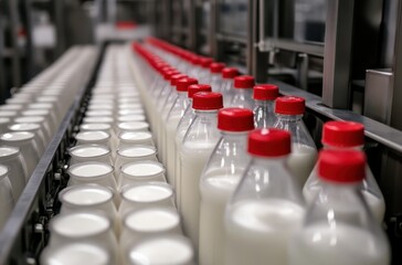 Obraz premium Bottles of Fresh Milk on a Production Line in a Dairy Processing Facility with Red Caps in a Modern Manufacturing Environment