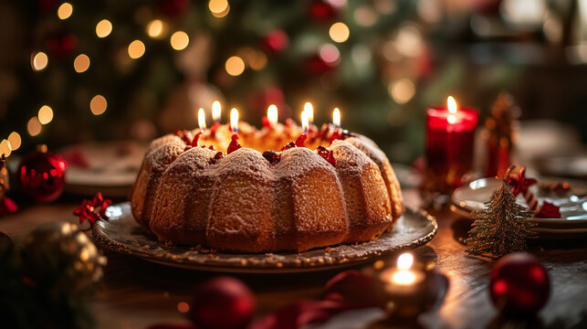 On a beautifully decorated table, the Spanish Three Kings Cake sits amidst a glowing Christmas tree and flickering candles, marking the festive occasion of Three Kings Day.