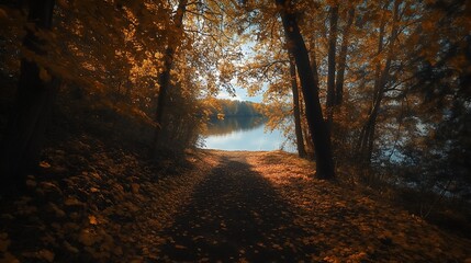Autumnal Path Leading to a Serene Lake Surrounded by Golden Trees