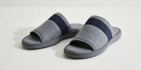 A pair of minimalist grey slide slippers on a clean white surface, conveying comfort, simplicity, and casual homewear aesthetics.

