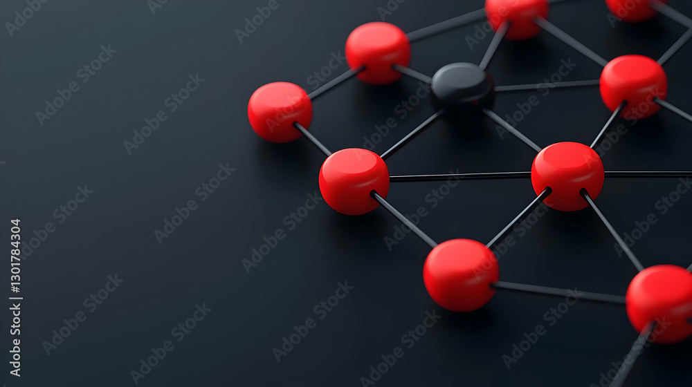 Poster abstract network connection with red and black nodes on dark surface